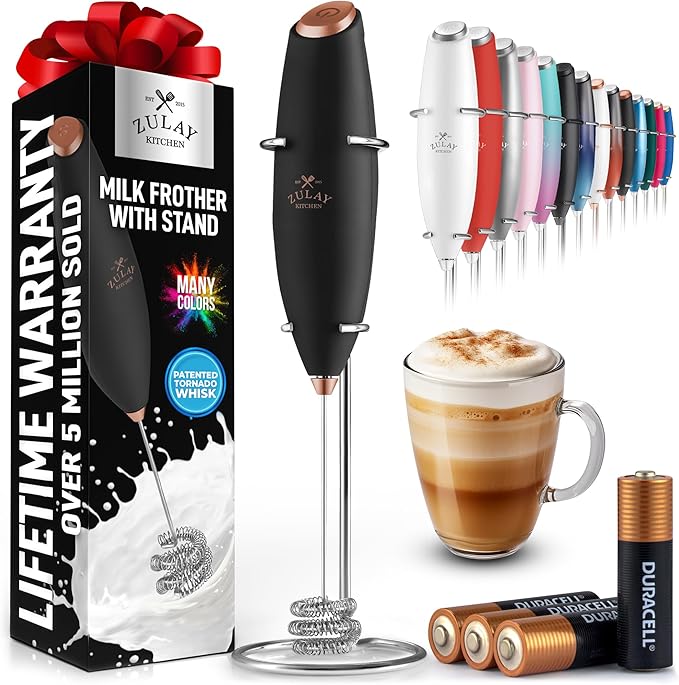 Zulay Kitchen Patented Tornado Triple Whisk Milk Frother with 4 Duracell Batteries – Handheld Foam Maker for Coffee, Lattes, Matcha & Hot Chocolate – Rich, Creamy Froth in Seconds - Black & Copper by ZulayKitchen