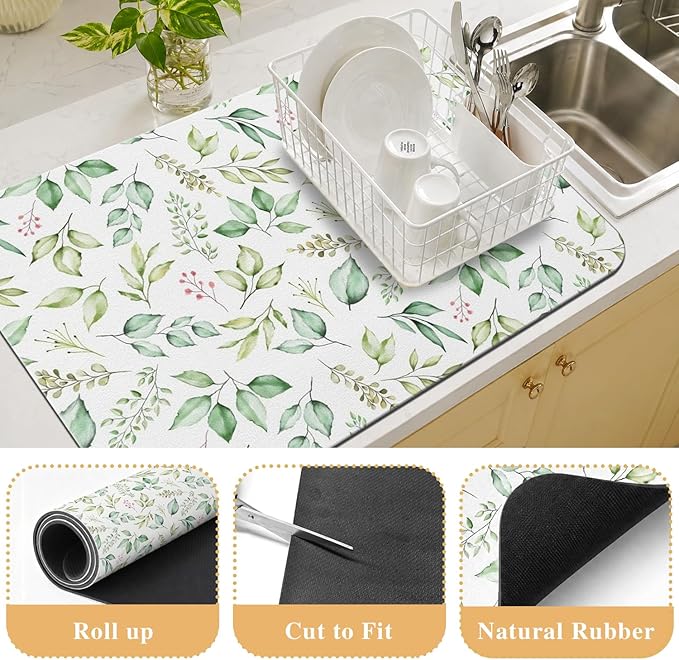 Kitchen Countertop Dish Drying Mat,Super Absorbent Coffee Bar Mat for Maker Espresso Machine, Anti-Slip Accessories for Kitchen Countertops 17x31 Inch