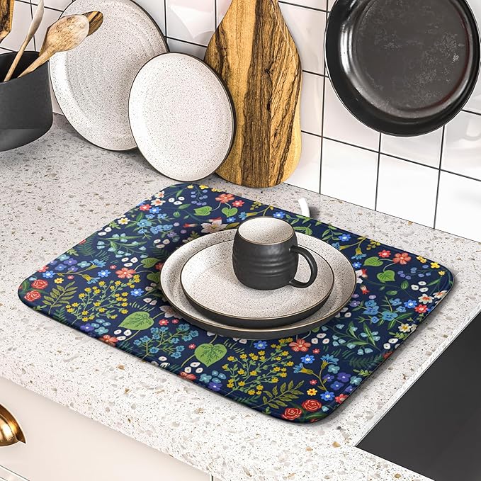 Flower Floral Dish Drying Mat Microfiber Navy Blue Absorbent Drying Pad for Kitchen Counter Small - Image 5