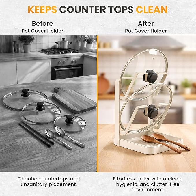 Pot Lid Holder with Removable Drip Tray, Multifunctional Double Layer Pot Lid Organizer for Countertop, Kitchen Pot Lid Storage Rack for Covers, Cutting Boards, Utensils (OFF-White) - Image 3