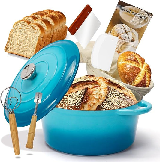 5QT Enameled Cast Iron Dutch Oven for Bread Baking with Lid, Sourdough Baking Supplies with Proofing Basket, Bread Making Tools Set, Heavy-Duty Cookware for Braising, Stews, Roasting (Teal)