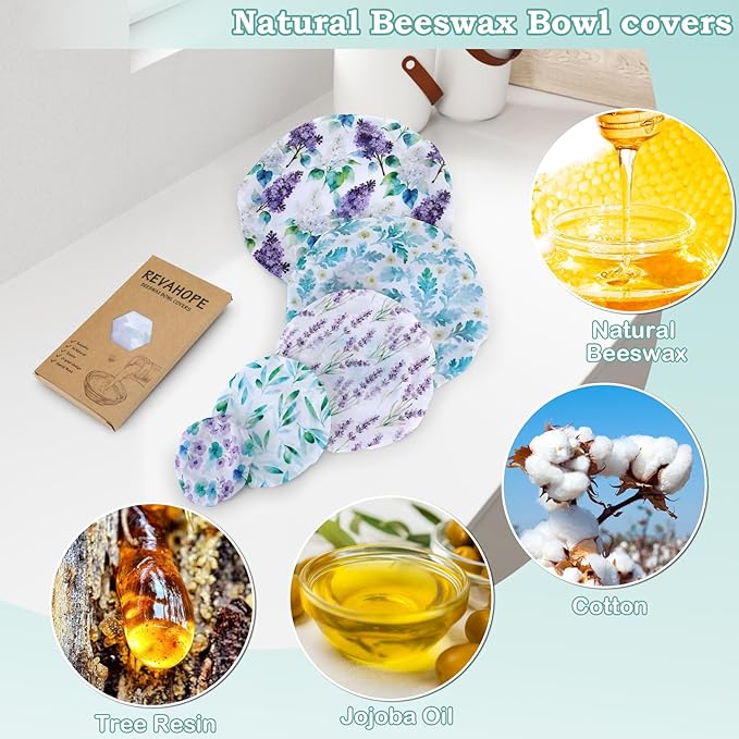 5-Size Reusable Beeswax Bowl Covers for Bread Proofing, Cotton Cloth Flexible Beeswax Wraps for Food Storage(Lilacs) - Image 3