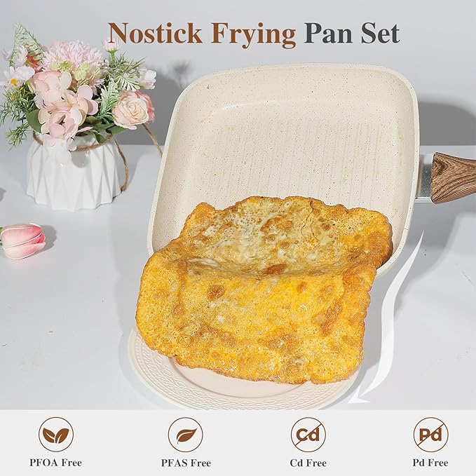 3 Pcs Pots and Pans Set, Nonstick & Non-Toxic Healthy Pots and Pans with Wooden Handle, Durable Skillet Indoor & Outdoor Use, All Stovetops Compatible, PFOA Free, White