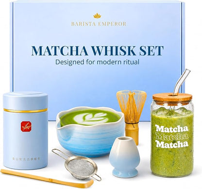 BARISTA EMPEROR® PREMIUM 8pcs MATCHA WHISK SET - Professional Matcha Kit Set with Matcha Bowl, Matcha Whisk, Matcha Glass, Glass Straw, Storage Container, Sifter, Scoop - Aesthetic Matcha Set Kit