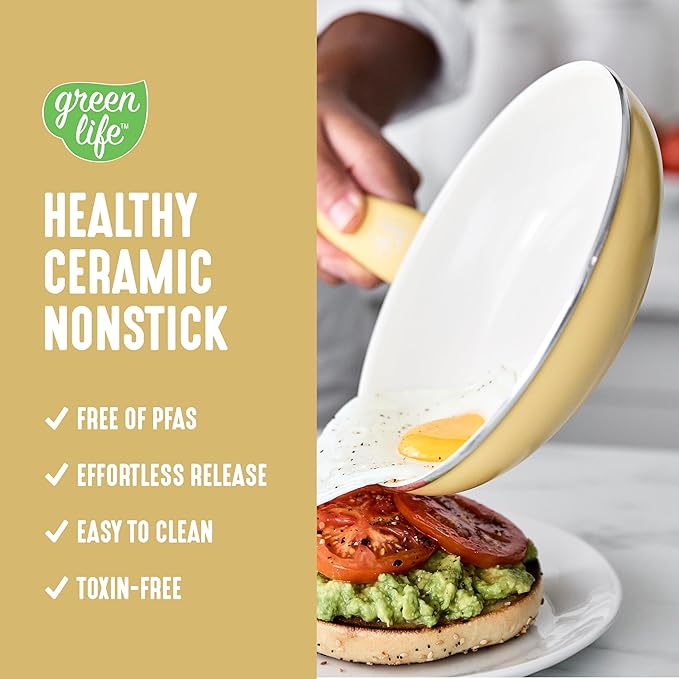 GreenLife 16 Piece Nonstick Cookware Set, Soft Grip Non-Toxic PFAS-Free Ceramic Pots & Pans, Dishwasher & Oven Safe, Frying, Sauce, Saute, Utensils, Glass Lids, Stay-Cool Handles, Wobble Free, Yellow - Image 2