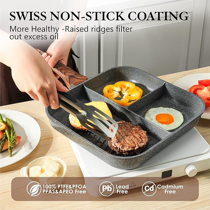 SENSARTE Nonstick Divided Grill Pan for Stove Tops, 3-Section Versatile Breakfast Grilling Pan, Durable Square Grill Skillet, Steak Griddle Pan, PFOA, PFOS, APEO Free, Induction Compatible, 9.5 Inch - Image 2