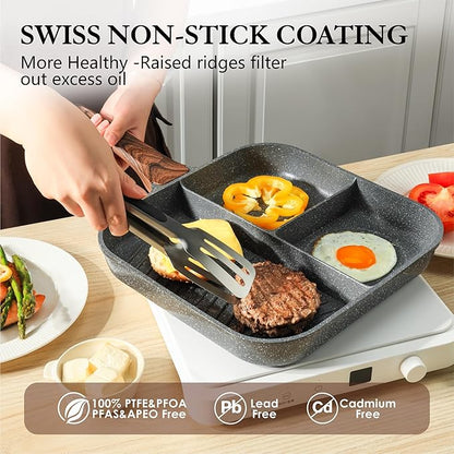SENSARTE Nonstick Divided Grill Pan for Stove Tops, 3-Section Versatile Breakfast Grilling Pan, Durable Square Grill Skillet, Steak Griddle Pan, PFOA, PFOS, APEO Free, Induction Compatible, 9.5 Inch - Image 2