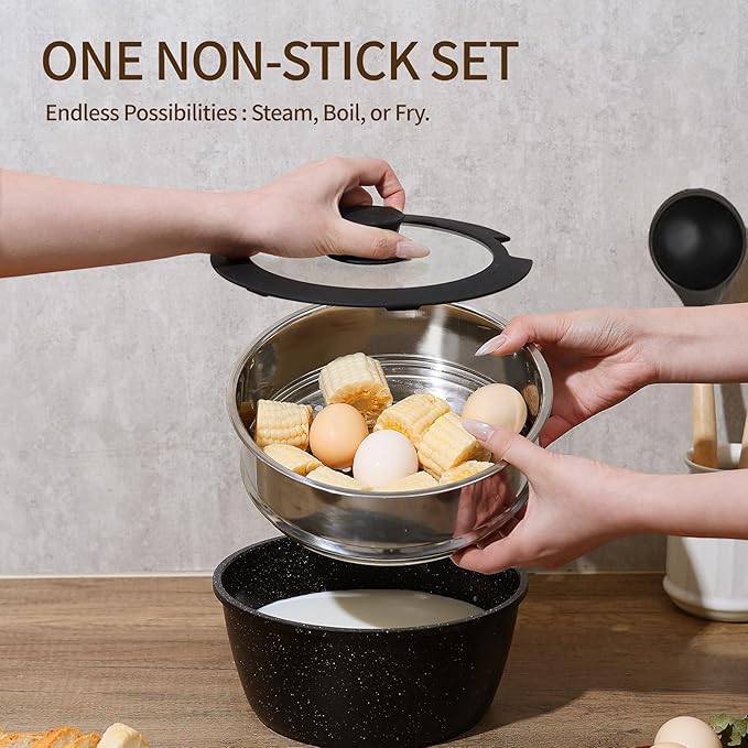 BECIGAR Nonstick Ceramic Cookware Set 21PCS with Detachable Handle, Pans and Pots Set, RV Kitchen Set Cookware Set, Pan Pots with Removable Handles, Oven Safe, Induction Ready(Black) - Image 9