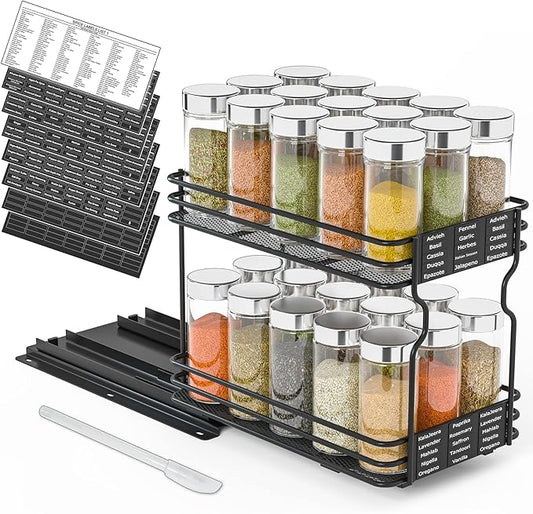 SpaceAid Pull Out Spice Rack Organizer for Cabinet, Heavy Duty Slide Out Seasoning Kitchen Organizer, Cabinet Organizer, with Labels and Chalk Marker, 6.5" W x10.75 D x8.5 H, 1 Drawer 2-Tier by SpaceAid