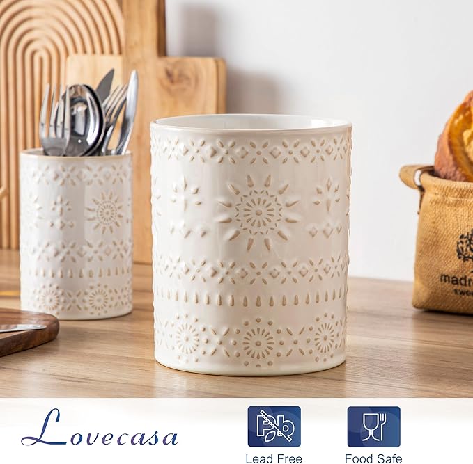 LOVECASA Utensil Holder, 7.2"+5.4" Ceramic Utensil Holder for Countertop, Large Cooking Utensil Crocks for Kitchen Counter, Farmhouse Utensil Vase for Housewarming, Kitchen Decor, Set of 2, Oasis - Image 5