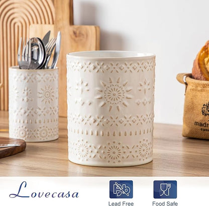 LOVECASA Utensil Holder, 7.2"+5.4" Ceramic Utensil Holder for Countertop, Large Cooking Utensil Crocks for Kitchen Counter, Farmhouse Utensil Vase for Housewarming, Kitchen Decor, Set of 2, Oasis - Image 5