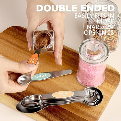 ChefAide Pack of 8 Stainless Steel Magnetic Measuring Spoons Set, Dual Sided, Stackable, Adjustable Teaspoon and Tablespoon Measure Spoon with Leveler, Kitchen Gadgets - Image 4