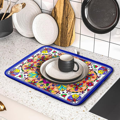 Mexican Talavera Dish Drying Mat Navy Blue Microfiber Dish Drain Pad for Kitchen Decor - Image 5