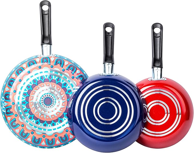 Ekco 3-Piece Frying Pan Set (7.1, 7.9 & 9.4 IN) For all Stovetops, Dishwasher Safe - Lightweight Aluminum Skillets, Non-Stick & Riveted Bakelite Handle (Hippie Chick Red & Blue) PFOA & PTFE Free
