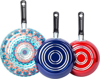 Ekco 3-Piece Frying Pan Set (7.1, 7.9 & 9.4 IN) For all Stovetops, Dishwasher Safe - Lightweight Aluminum Skillets, Non-Stick & Riveted Bakelite Handle (Hippie Chick Red & Blue) PFOA & PTFE Free