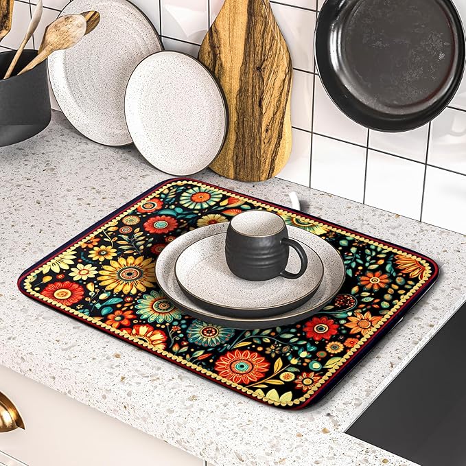 Bohemian Style Flowers Drying Pad Boho Floral Dish Drying Mat for Kitchen Counter Absorbent Microfiber Drainer Rack Mat - Image 5