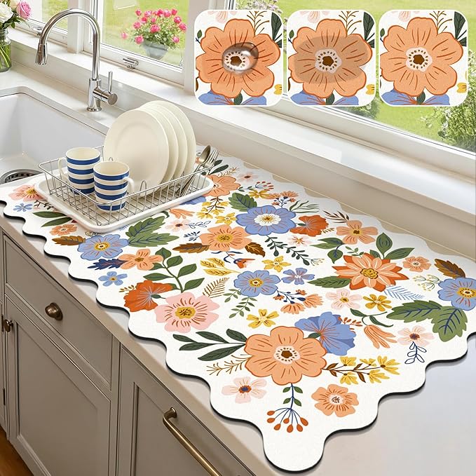 LOKHOM Scalloped Floral Dish Drying Mat, 17"x32" Super Absorbent Coffee Mat with Unique Spring Wildflowers, Cuttable Hide Stain Non-slip Drying Mat for Kitchen Counter Coffee Maker Espresso Machine by LOKHOM