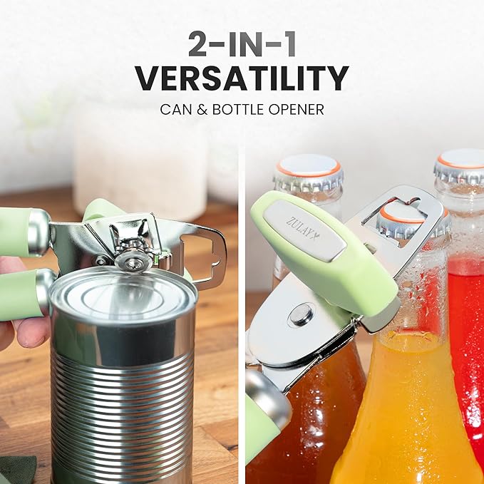 Zulay Kitchen Heavy Duty Stainless Steel Can Opener Manual with Bottle Opener - Rust Proof Manual Can Opener With Turn Knob & Comfy Soft Grip Handles - Pistachio - Image 7
