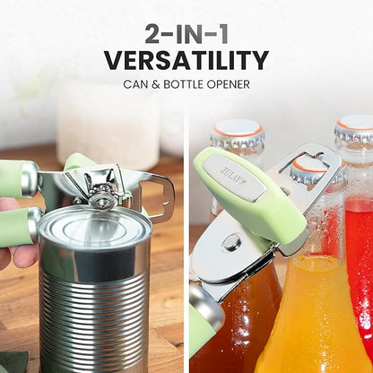 Zulay Kitchen Heavy Duty Stainless Steel Can Opener Manual with Bottle Opener - Rust Proof Manual Can Opener With Turn Knob & Comfy Soft Grip Handles - Pistachio - Image 7