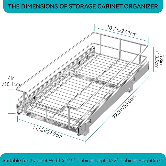 Pull Out Cabinet Organizer 11" W X 22" D, Slide Out Drawers For kitchen organizers and storage, Pull Out Drawers For Cabinets Capacity Heavy Duty Caddy, Cabinet Shelves Chrome-Plated, Bathroom Pantry - Image 2