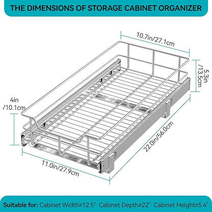 Pull Out Cabinet Organizer 11" W X 22" D, Slide Out Drawers For kitchen organizers and storage, Pull Out Drawers For Cabinets Capacity Heavy Duty Caddy, Cabinet Shelves Chrome-Plated, Bathroom Pantry - Image 2