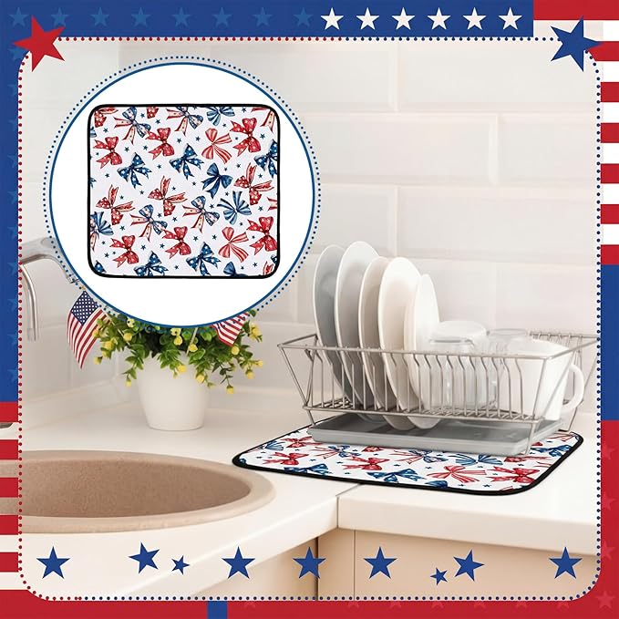 Breling Patriotic Dish Drying Mat 4th of July Kitchen Drying Mat 16 x 18 Inch Red Blue and White Bow Dish Pad Microfiber Non-slip Mats for 250th Anniversary Kitchen Decor Independence Day Accessories