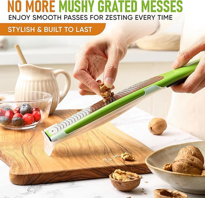 Spring Chef Premium Lemon Zester Grater with Handle - Orange, Garlic, Ginger, Nutmeg, Cheese Grater- Handheld Sharp Kitchen Tool - Stainless Steel Citrus Zester with Blade Cover - Fine Shred, Green - Image 6