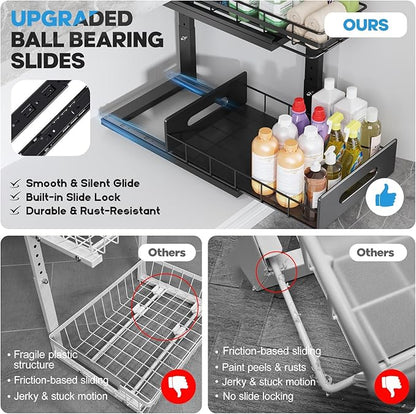 Under Sink Organizer Upgrade To Professional Rails,2-Tier Dual Pull Out Cabinet Storage,Height Adjustable Slide Out Drawers For Bathroom Kitchen,2 Pack-14.5"Dx12.8"-16.9"H,Black - Image 2