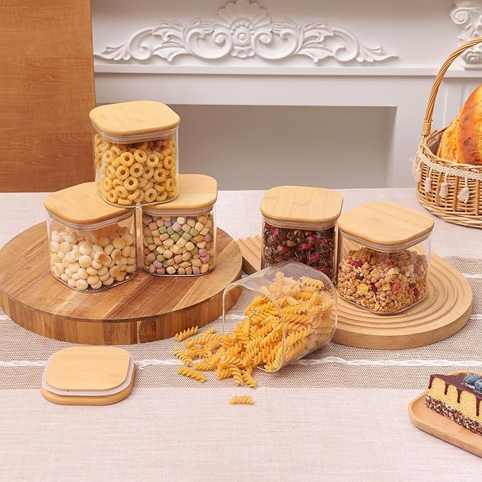 Moretoes 6 Pack 0.6qt Square Glass Storage Containers with Bamboo Press Lids, Airtight Food Storage Jars for Pantry, Spices, Dry Goods