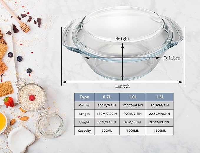 Casserole Baking Dish with 2 pcs, 1.5 QT large,Round with Handle and Lid, Tempered Glass, Oven Microwave Dishwasher freezer safe,Cookware Bowl,Clear