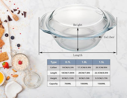 Casserole Baking Dish with 2 pcs, 1.5 QT large,Round with Handle and Lid, Tempered Glass, Oven Microwave Dishwasher freezer safe,Cookware Bowl,Clear