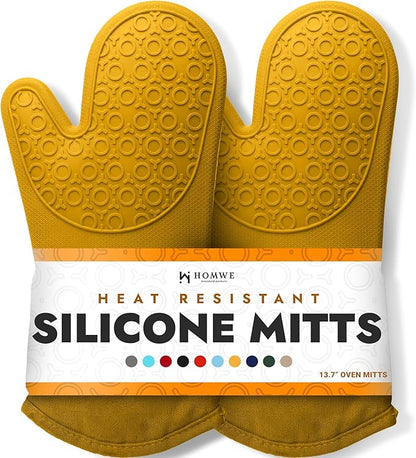 BPA-Free Soft Silicone Oven Mitts - Ultra Heat Resistant Oven Mitts with Thick Cotton Liner - Long Slip Resistant Pot Holders, Flexible Oven Gloves - Yellow 13.7" by HOMWE