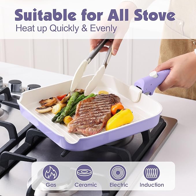 SENSARTE 17 Piece Ceramic Pots and Pans Set, Nonstick Detachable Handle Cookware, Induction Kitchen Cookware Set with Removable Handle, Dishwasher ＆ Oven Safe (Purple) - Image 6