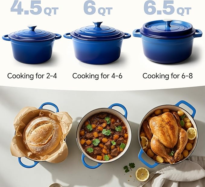 7 Quart Dutch Oven Pot with Lid, Non Stick Enameled Cast Iron Dutch Oven for Bread Baking, Heavy-Duty, Oven Safe Ceramic Cookware Up to 500°F for Baking, Braising, Stews, Roasting, Blue - Image 3