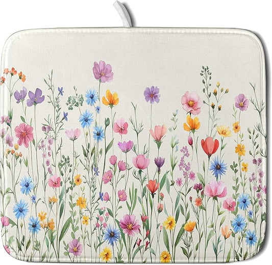 Giwawa Spring Floral Dish Drying Mat 16"x18" Watercolor Summer Wildflower Dish Drainer Mats Herb Flower Reversible Absorbent Dish Drying Pad Decor for Kitchen Countertop Dining Room