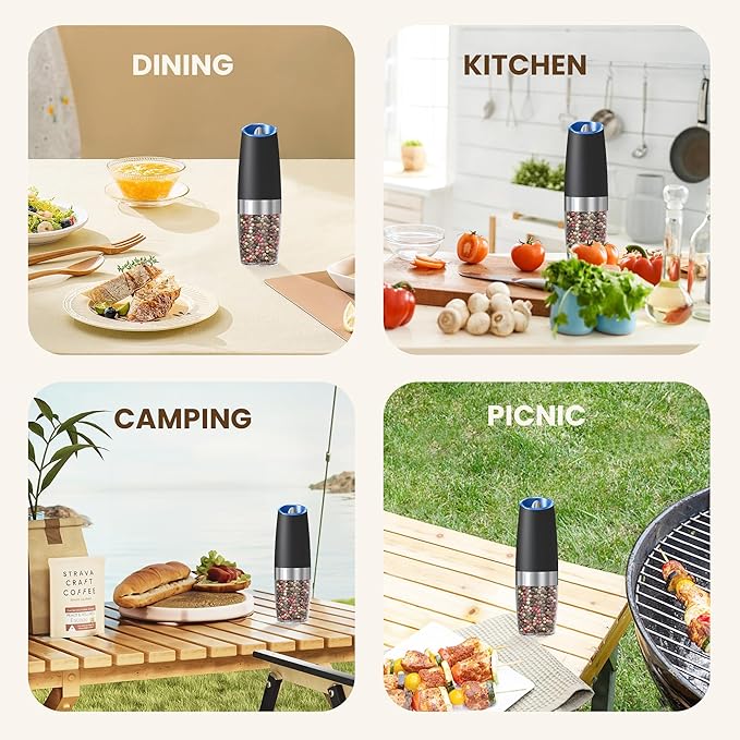 Gravity Electric Salt And Pepper Grinder, Automatic Salt And Pepper Grinder, Battery Powered (6 AAA Batteries Each), Adjustable Roughness, LED Light, 1 Pack, (Black) - Image 7