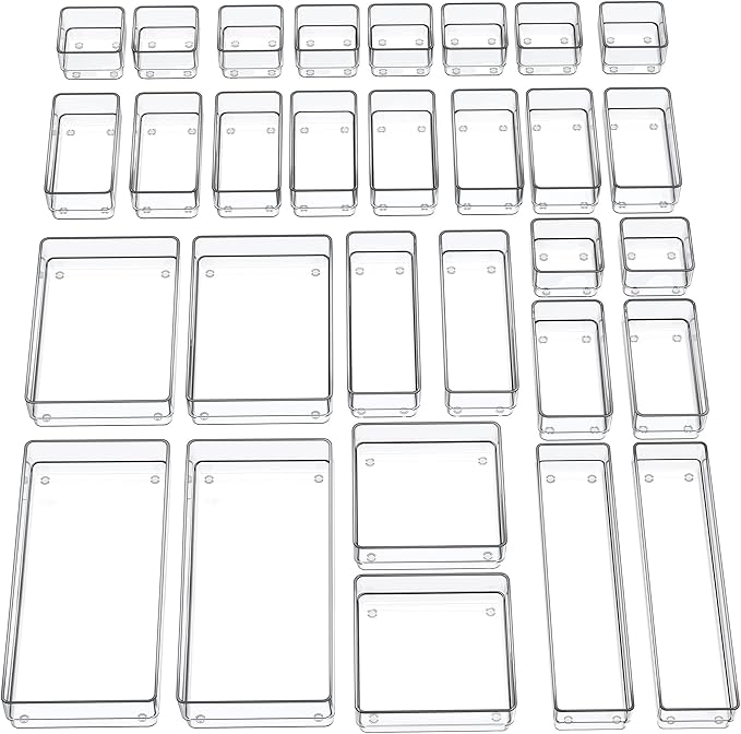 SMARTAKE 30-Piece Drawer Organizer with Non-Slip Silicone Pads, 7-Size Desk Drawer Organizer Trays Storage Tray for Makeup, Jewelries, Utensils in Bedroom Dresser, Office and Kitchen (Clear) by SMARTAKE