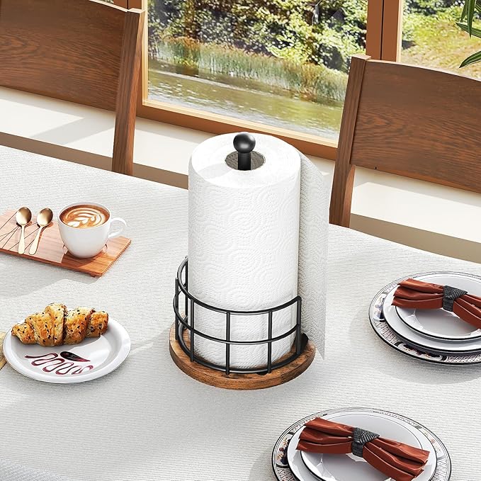 YATINEY Paper Towel Holder, Kitchen Paper Towel Holder for Countertop, Paper Towel Stand with Wooden Base, Freestanding Kitchen Roll Holder, for Standard Size Rolls, Rustic Brown CJ05BR