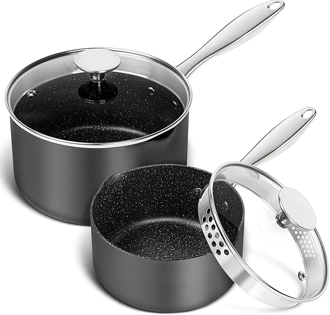 MICHELANGELO Hard Anodized Saucepan Set with Lids, Nonstick Saucepan with Pour Spouts & Strainer Lid for Easy Pour, Granite Derived Coating Sauce Pot Set - 1.5QT & 3QT Induction Sauce Pans by Michelangelo