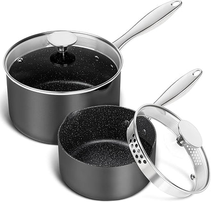 MICHELANGELO Hard Anodized Saucepan Set with Lids, Nonstick Saucepan with Pour Spouts & Strainer Lid for Easy Pour, Granite Derived Coating Sauce Pot Set - 1.5QT & 3QT Induction Sauce Pans by Michelangelo