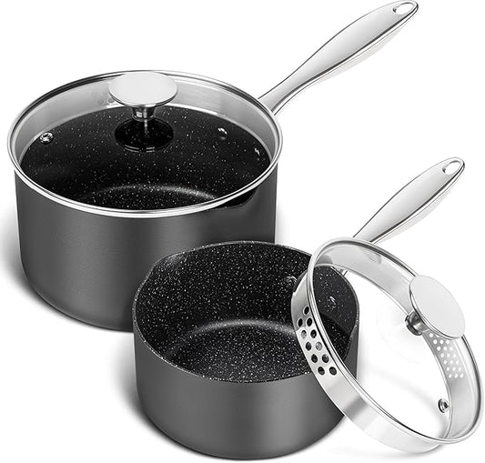 MICHELANGELO Hard Anodized Saucepan Set with Lids, Nonstick Saucepan with Pour Spouts & Strainer Lid for Easy Pour, Granite Derived Coating Sauce Pot Set - 1.5QT & 3QT Induction Sauce Pans by Michelangelo