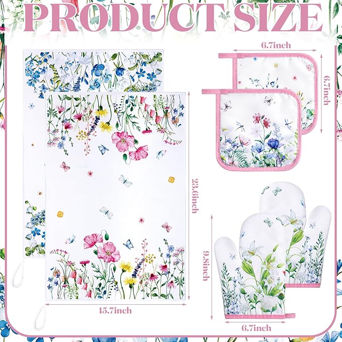 Leinuosen 6 Wild Flower Kitchen Towels Kitchen Decor and Accessories Set Floral Plant Oven Mitts and Pot Holders Sets Farmhouse Absorbent Dish Towels for Cooking Baking Grilling - Image 3