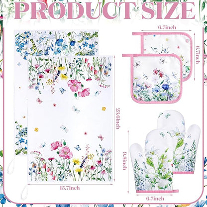 Leinuosen 6 Wild Flower Kitchen Towels Kitchen Decor and Accessories Set Floral Plant Oven Mitts and Pot Holders Sets Farmhouse Absorbent Dish Towels for Cooking Baking Grilling - Image 3