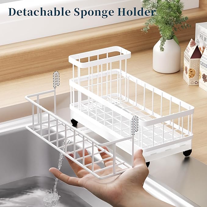 Consumest Sponge Holder for Kitchen Sink - Auto Draining Sink Caddy Organizer with Detachable Rack, High Brush Holder, Kitchen Countertop Storage Accessories, White - Image 4