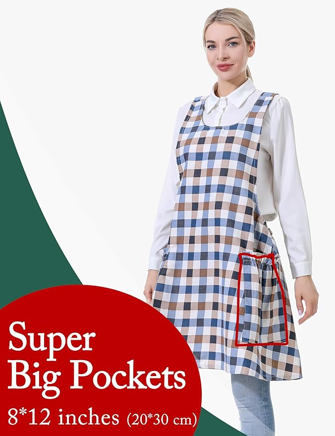 Cozy Adjustable Cross Back Aprons for Women with Pockets Cotton Linen Cooking Kitchen Baking