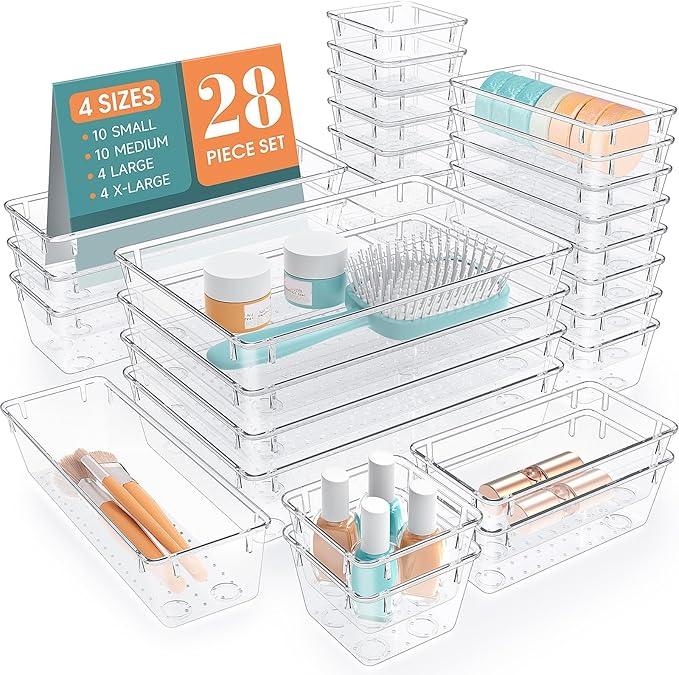 StorMiracle 28 PCS Clear Plastic Drawer Organizers Set, 4 Size Desk Drawer Organizer Trays for Makeup, Jewelry, Kitchen Utensils, Gadgets and Office Accessories by StorMiracle