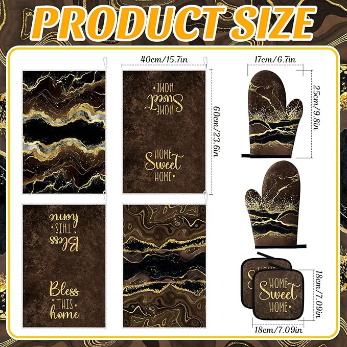 Leinuosen 8 Pcs Kitchen Towels and Dishcloths Sets Oven Mitts and Pot Holders Sets Absorbent Kitchen Gloves Potholders Heat Resistant for Chef Baking Cooking(Coffee,Marble)