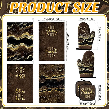 Leinuosen 8 Pcs Kitchen Towels and Dishcloths Sets Oven Mitts and Pot Holders Sets Absorbent Kitchen Gloves Potholders Heat Resistant for Chef Baking Cooking(Coffee,Marble)