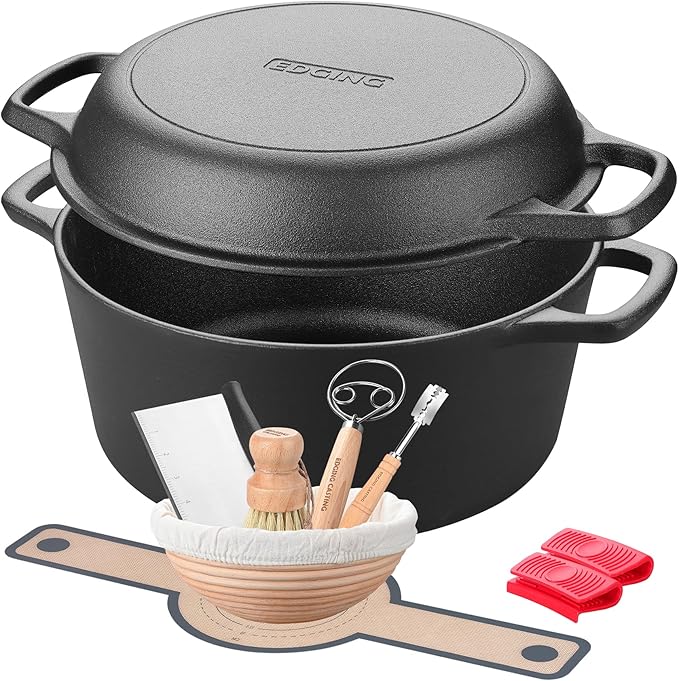 EDGING CASTING Pre-Seasoned Cast Iron Dutch Oven Pot with Skillet Lid Cooking Pan, 2-in-1 Sourdough Bread Baking Pan with Proofing Basket and Baking Supplies, 5QT by EDGINGCOOKWARE