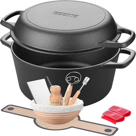 EDGING CASTING Pre-Seasoned Cast Iron Dutch Oven Pot with Skillet Lid Cooking Pan, 2-in-1 Sourdough Bread Baking Pan with Proofing Basket and Baking Supplies, 5QT by EDGINGCOOKWARE